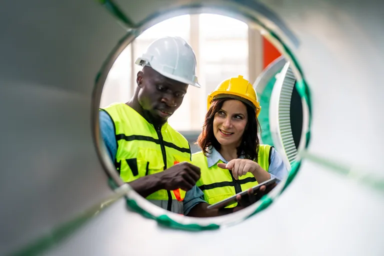 Manager and workers checking a metal sheet with an inspection device